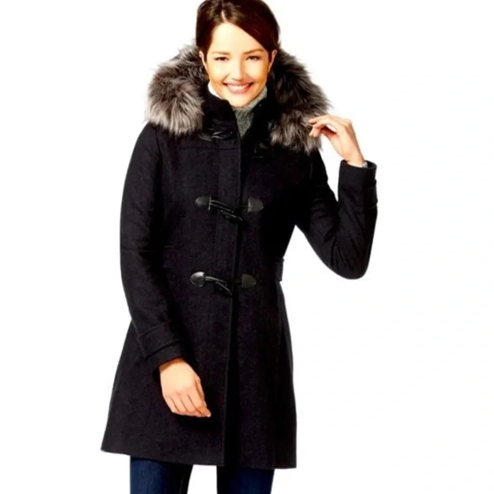 NAUTICA Black WITH GRAY FUR WOOL PARKA TOGGLE TUSK BUTTON PENNY LANE COAT M - Picture 3 of 10